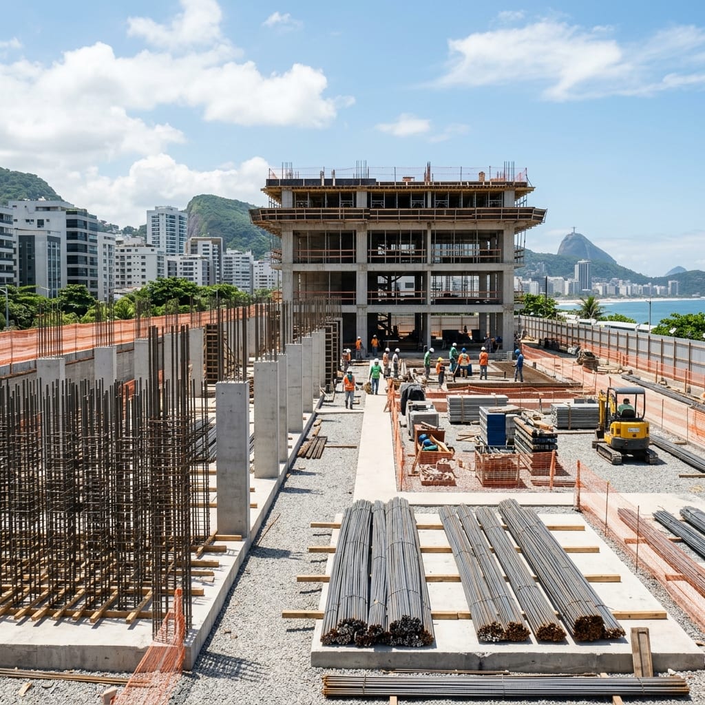 Canteiro de obras limpo e aço estrutural organizado