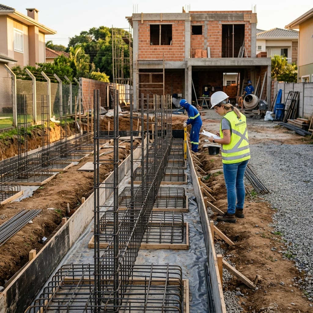Ferragem montada para fundação residencial