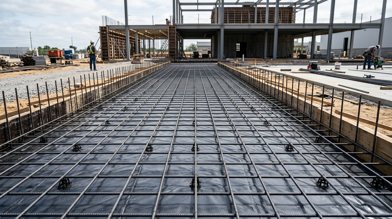 Painel de malha POP de aço CA-60 estendido sobre lastro antes da concretagem do contrapiso